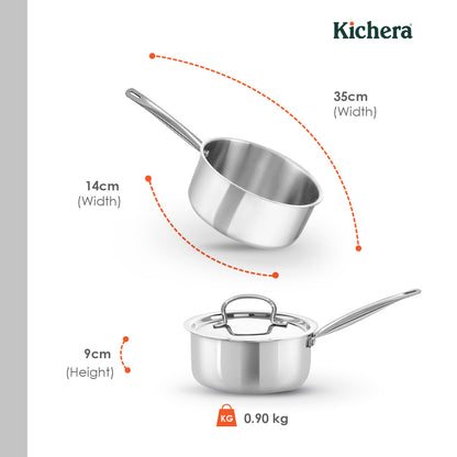 Triply Stainless Steel Saucepan Tube Handle with Lid | Kichera Natural Non Toxic Cookware | Even Heating | Safe for All Stoves
