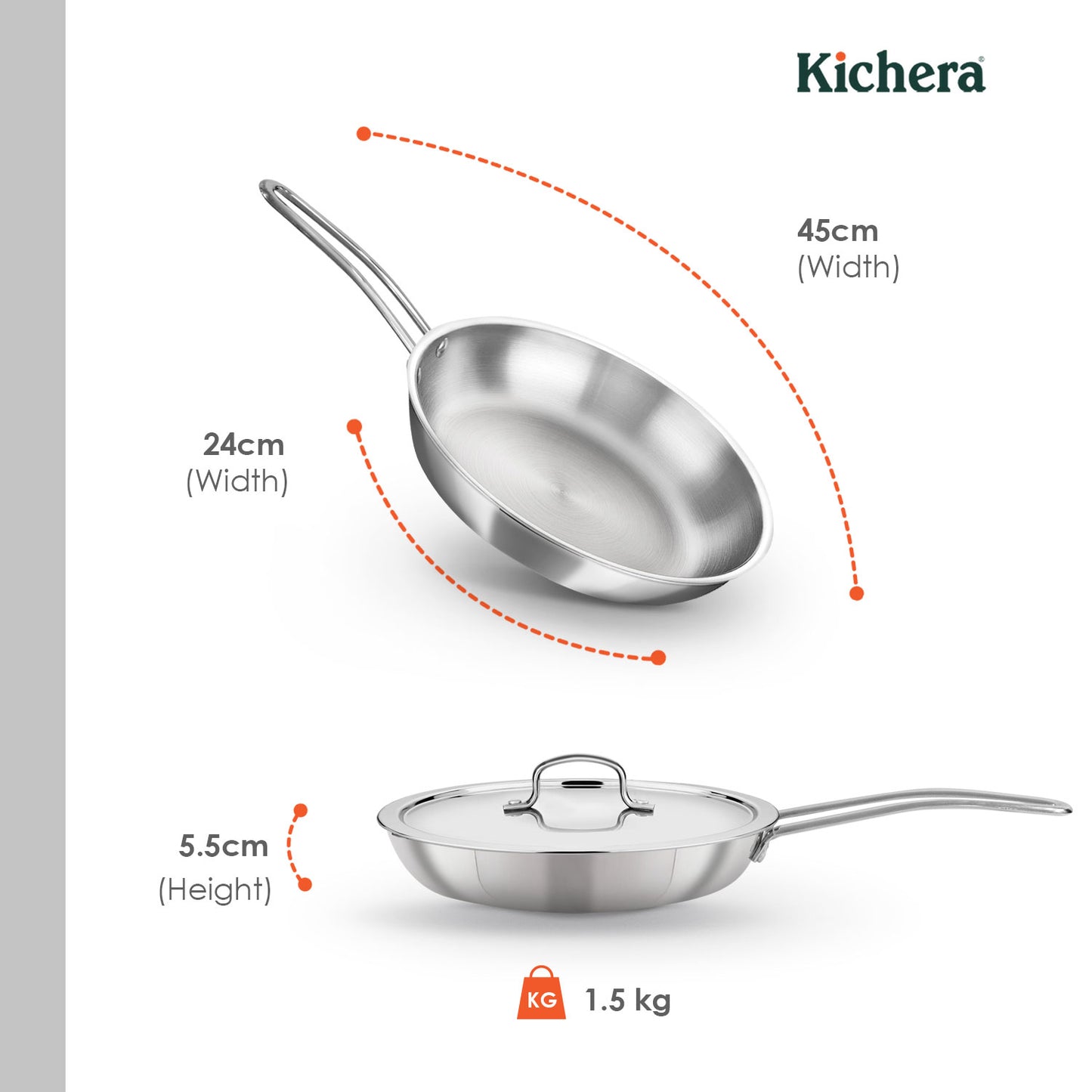Kichera Triply Stainless Steel Fry Pan with Lid | Non Toxic Cookware | Best Cookware for Health | Induction & Gas Compatible