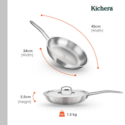 Kichera Triply Stainless Steel Fry Pan with Lid | Non Toxic Cookware | Best Cookware for Health | Induction & Gas Compatible
