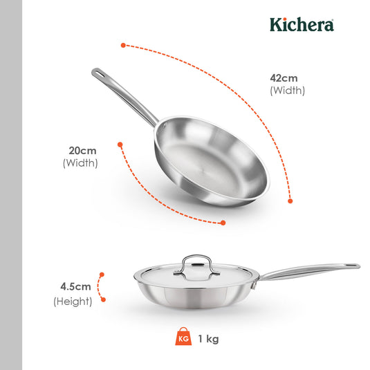 Kichera Triply Stainless Steel Fry Pan Tube Handle with Lid | Non Toxic Cookware | Best Cookware for Health | Induction & Gas Compatible