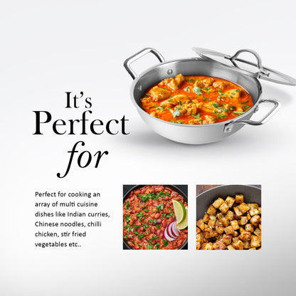 Kichera Triply Stainless Steel Kadai with Lid | Non Toxic Cookware | Best Cookware for Health | Induction & Gas Compatible