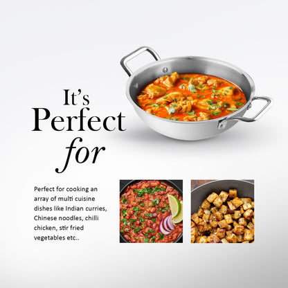 Kichera Triply Stainless Steel Kadai Without Lid | Non Toxic Cookware | Best Cookware for Health | Induction & Gas Compatible