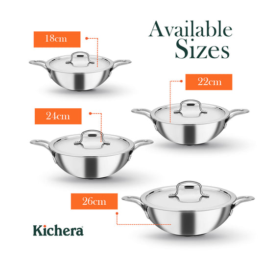 Kichera Triply Stainless Steel Kadai with lid