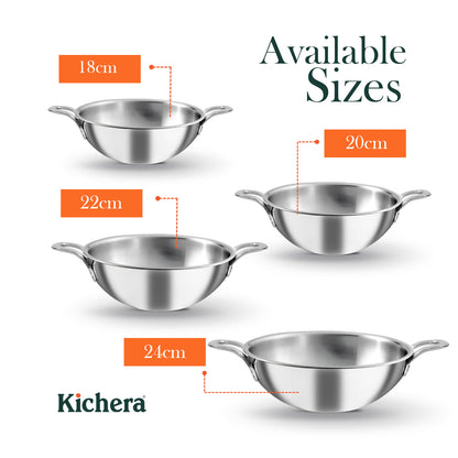Kichera Triply Stainless Steel Kadai Without Lid | Non Toxic Cookware | Best Cookware for Health | Induction & Gas Compatible