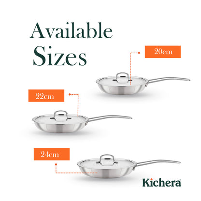 Kichera Triply Stainless Steel Fry Pan with Lid | Non Toxic Cookware | Best Cookware for Health | Induction & Gas Compatible