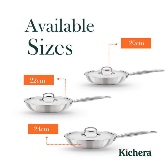 Kichera Triply Stainless Steel Fry Pan Tube Handle with Lid | Non Toxic Cookware | Best Cookware for Health | Induction & Gas Compatible