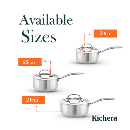 Triply Stainless Steel Saucepan with Lid | Kichera Natural Non Toxic Cookware | Even Heat & Health-Safe | Ideal for Milk, Tea & Sauces