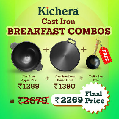 Kichera Cast Iron Breakfast Combo | Cast Iron Appam Pan & 11” Dosa Tawa + Free Tadka Pan