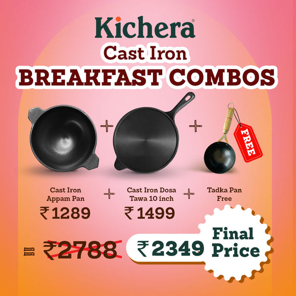 Kichera Cast Iron Breakfast Combo | Appam Pan & 10” Dosa Tawa with Long Handle + Free Tadka Pan