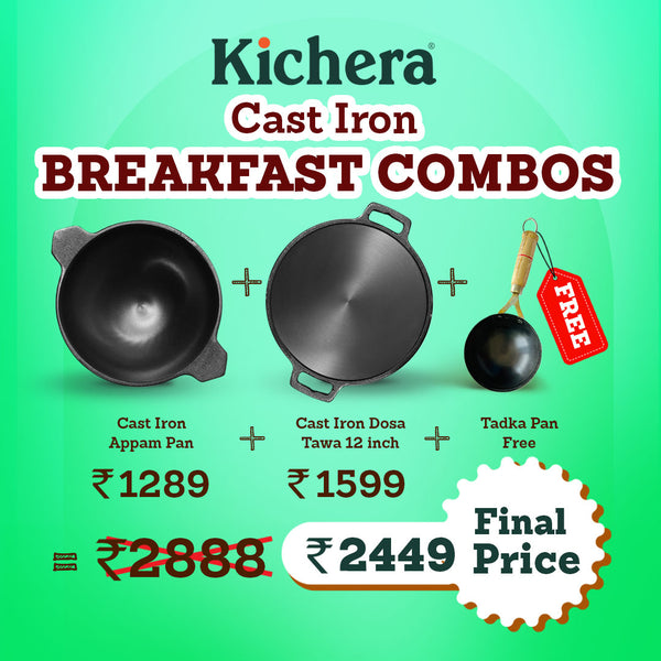 Kichera Cast Iron Breakfast Combo | Cast Iron Appam Pan & 12” Dosa Tawa + Free Tadka Pan
