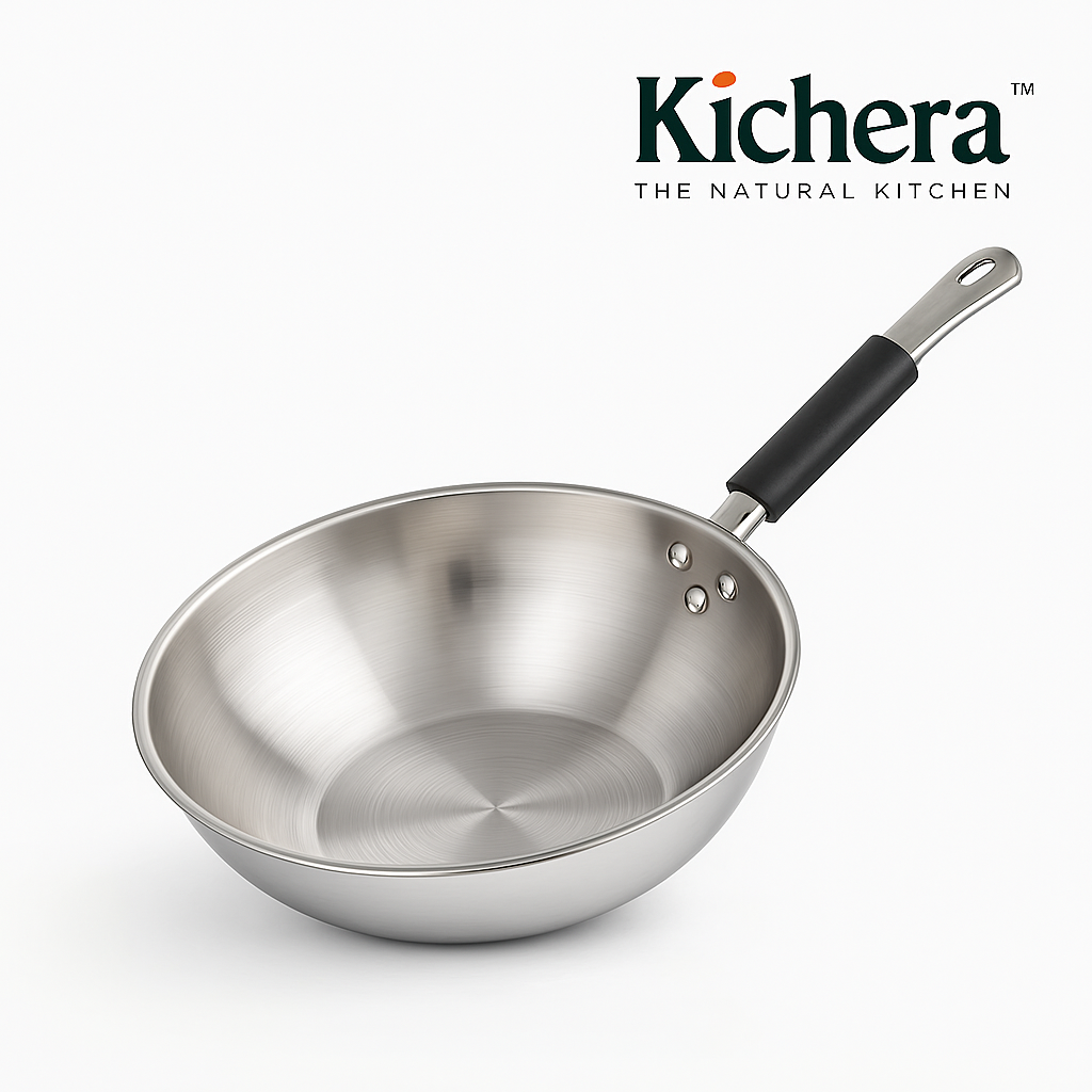 Kichera Tri-Ply Stainless Steel Wok/Chinese Kadai, Durable Stay Cool Cast Handles, Heavy Bottom, Less Oil Use, Non-Toxic, Healthy Cooking - Induction and Gas Stove Ready