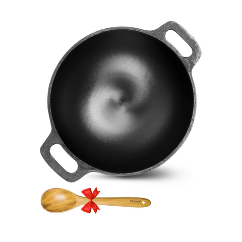 Kichera Cast Iron Round Bottom Kadai – 10 Inch | Free Cooking Spoon