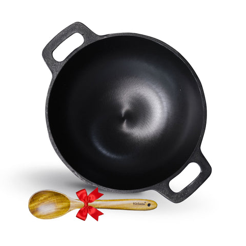 Kichera Cast Iron Round Bottom Kadai – 10 Inch | Free Cooking Spoon