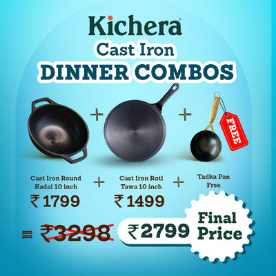 Kichera Cast Iron Dinner Combo | 10” Round Kadai & 10” Roti Tawa + Free Tadka Pan