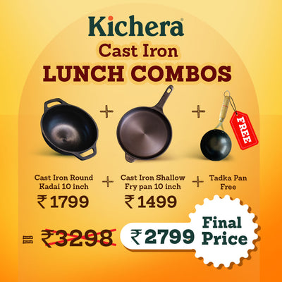 Kichera Cast Iron Lunch Combo | 10” Round Kadai & 10” Shallow Fry Pan + Free Tadka Pan