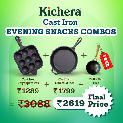Kichera Cast Iron Evening Snacks Combo | 9-Pit Paniyaram Pan & 10” Cast Iron Skillet + Free Tadka Pan
