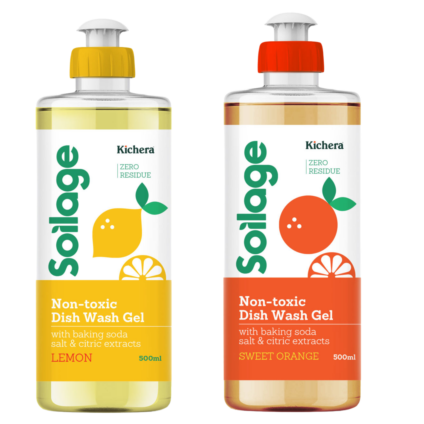 Soilage Organic Dishwash Liquid Gel Sweet Orange & Lemon Combo | 500ml Each | Natural & Non-Toxic | Plant-Based with Baking Soda, Salt & Citric | Eco-Friendly | Tough on Grease, Gentle on Hands