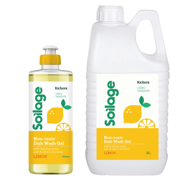 Soilage Organic Dishwash Liquid Gel 500ml and 2L Combo | Natural & Non-Toxic | Plant-Based with Baking Soda, Salt & Citric | Eco-Friendly Lemon Fragrance | Tough on Grease, Gentle on Hands | Baby & Pet Safe