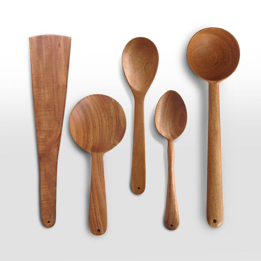 Kichera Neem Wood Compact Ladle, Spatula, Flip Dosa/Roti/Chapati | Kitchen Tools | No Harmful Polish | Naturally Non-Stick | Handmade (SET OF 5)