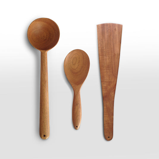 Kichera Neem Wood Compact Ladle, Spatula, Flip Dosa/Roti/Chapati | Kitchen Tools | No Harmful Polish | Naturally Non-Stick | Handmade (Set of 3)