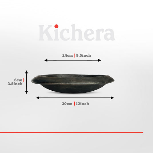 Kichera 9.5 Inch Clay Tawa/Frying Pan/Appam/Pathiri Chatti for Cooking & Serving (Black)