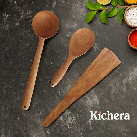 Kichera Neem Wood Compact Ladle, Spatula, Flip Dosa/Roti/Chapati | Kitchen Tools | No Harmful Polish | Naturally Non-Stick | Handmade (Set of 3)