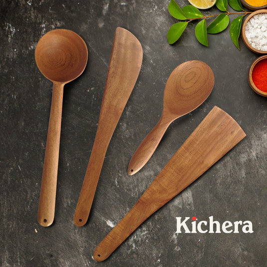 Kichera Wooden Combo of Spatula Compact Ladle Utensils for Cooking Stirring Mixing & Serving