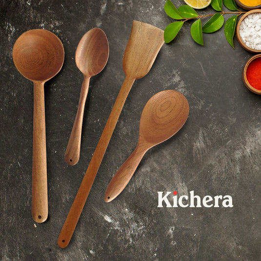 Kichera Neem Wooden Combo of Spatula Compact Ladle Utensils for Cooking Stirring Mixing & Serving