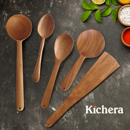 Kichera Neem Wood Compact Ladle, Spatula, Flip Dosa/Roti/Chapati | Kitchen Tools | No Harmful Polish | Naturally Non-Stick | Handmade (SET OF 5)