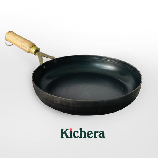 Kichera 100% Pure Iron Fry Pan with Wooden Handle: Naturally Non-stick and Durable Cooking Solution