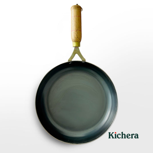 Kichera 100% Pure Iron Fry Pan with Wooden Handle: Naturally Non-stick and Durable Cooking Solution