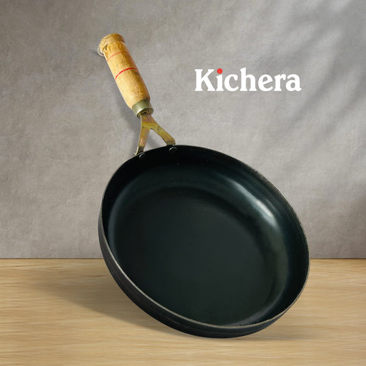 Kichera 100% Pure Iron Fry Pan with Wooden Handle: Naturally Non-stick and Durable Cooking Solution