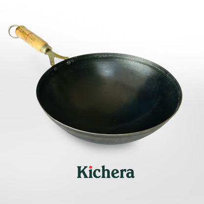 Kichera 11 Inch Pure Iron Wok with Wooden Handle |  Durable & Gas Stove Compatible