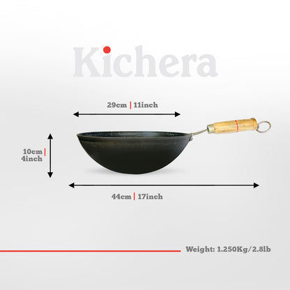 Kichera 11 Inch Pure Iron Wok with Wooden Handle |  Durable & Gas Stove Compatible