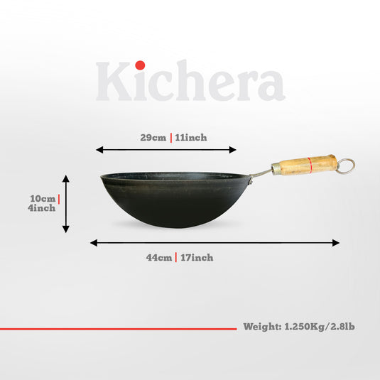 Kichera Iron Wok with Wooden Handle: Naturally Non-stick and Durable Cooking Tool 11 inch