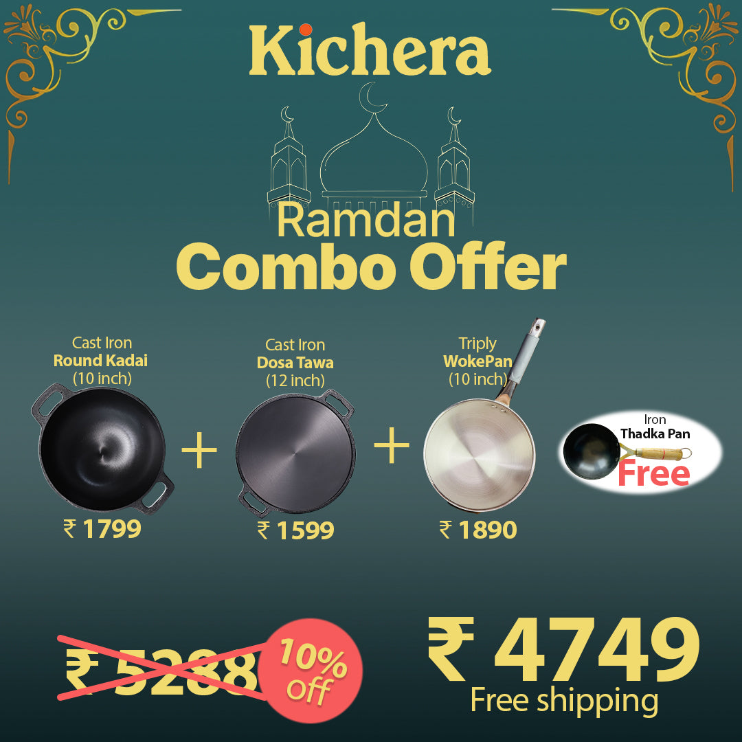 Kichera Ramadan Combo Offer | Cast Iron Kadai + Pathiri Tawa(Dosa Tawa)+ Triply Wok Pan + FREE Iron Thadka Pan