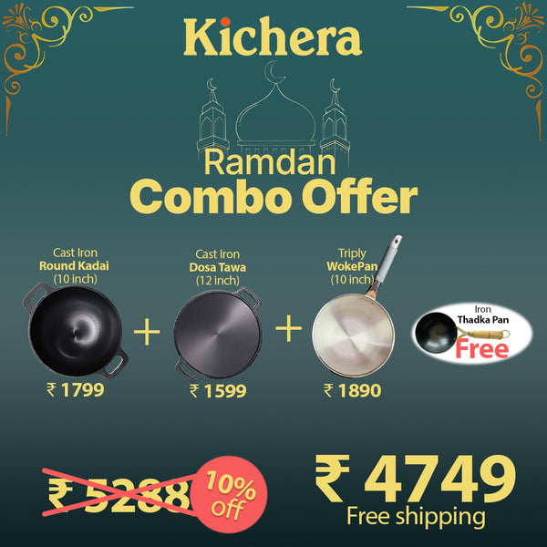 Kichera Ramadan Combo Offer | Cast Iron Kadai + Pathiri Tawa(Dosa Tawa)+ Triply Wok Pan + FREE Iron Thadka Pan