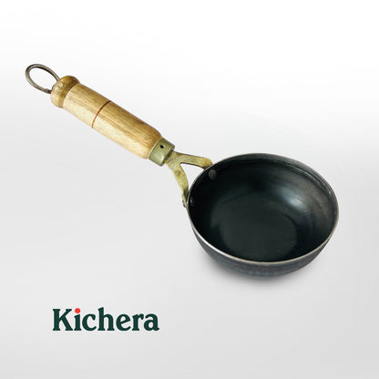 100% Pure Iron Tadka Pan with Wooden Handle: Durable Cooking Tool