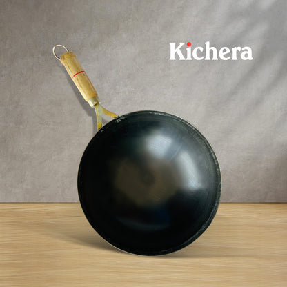 Kichera 11 Inch Pure Iron Wok with Wooden Handle |  Durable & Gas Stove Compatible